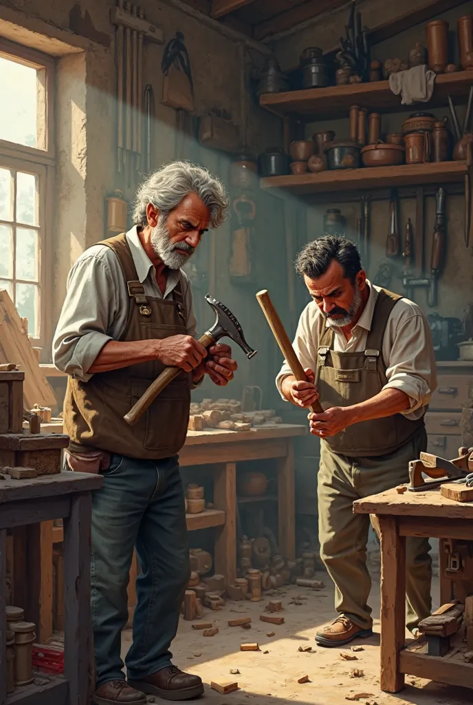 A workshop of
carpentry with worn tools and dusty tables. Eduardo Lija
a board with a broken tool, while Fabian tries to hammer with a
hammer with loose handle