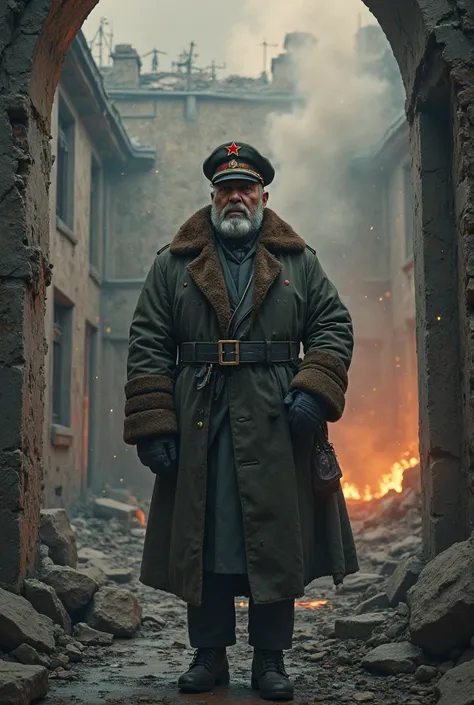 Make the man using the same face into a 1980s soviet era general in a winter army coat standing in the ruins of an old building, smoke in the background. Red star on the wall. Moody lighting. Dusk. 