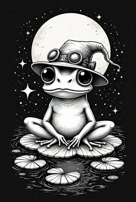 vector graphic featuring  a white frog with impressing big eyes, witha steampunk hat,  sitting on lily pad. The frog is meditating. big moon above his head. The background is a serene pond with water lilies and a reflection of the frog. the illustration is...