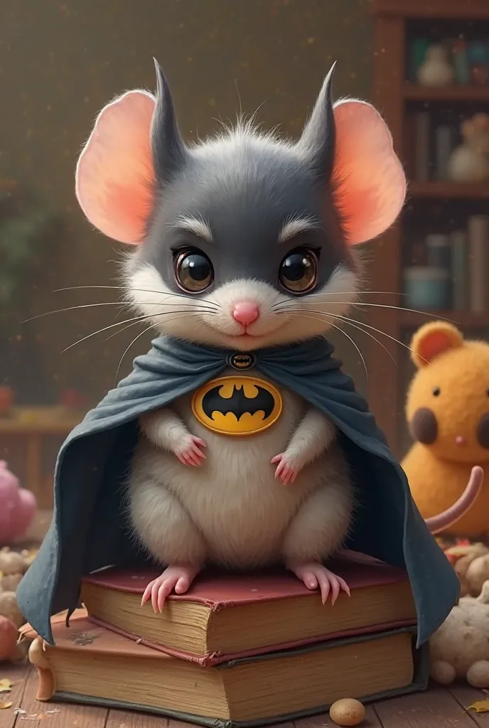 A cute little fluffy pink Batman mouse