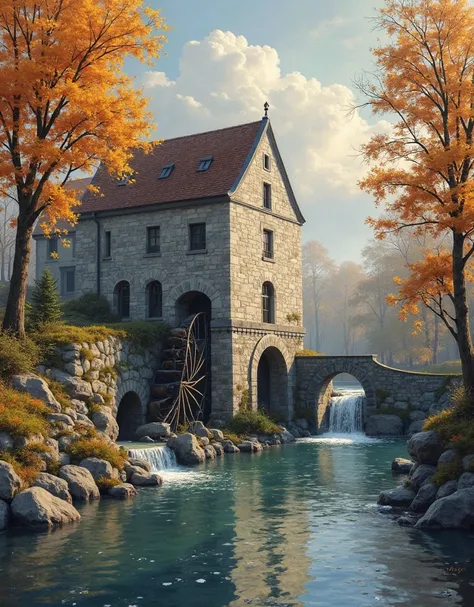 ""masterpiece""(oil painting,, Water mill,,gray brick from the German classical era in a river, water wheel in operation, autumn, atmospheric maximalist digital matte painting,  round, granulate, Intricate,  meticulously detailed , dramatic and cinematic e...