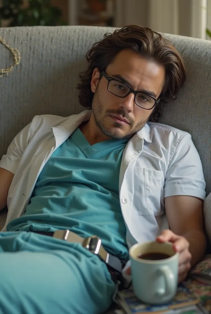 Actor Dacre Montgomery (Billy Hargrove) shoulder-length hair In a medical uniform, lying on a sofa with glasses on, he looks disheartened with a coffee cup on the floor and medical books all over his body.