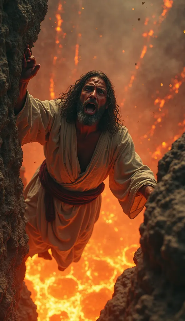 "Ultra-realistic, cinematic view from above. Jesus clings desperately to the edge of a jagged cliff, his tear-streaked face filled with despair. His bloodied hands grip the rough rock, fingers trembling. Below, a fiery abyss glows intensely, spewing lava a...