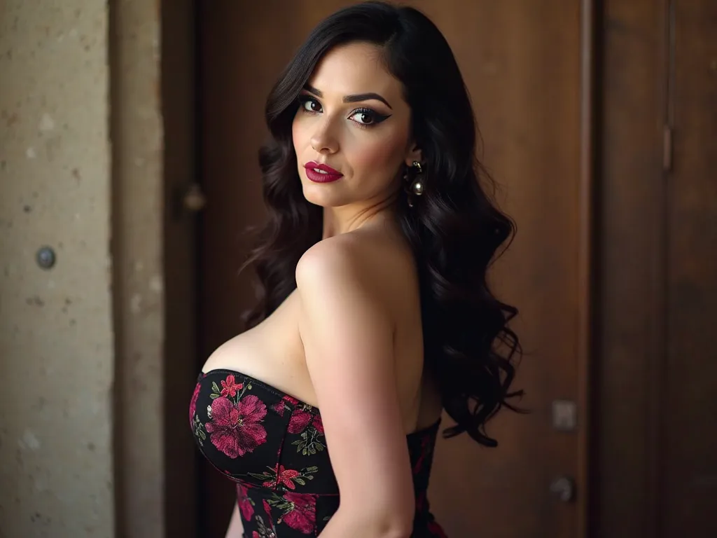 a woman who looks exactly like Kat Dennings, wide eyes, facing sideways, big sideboob, looking back towards viewer, plump body, brown eyes, eye sparkle, big cleavage,  plump lips,  dark pink lipstick, blue eyeshadow, black wing eyeliner, head to waist imag...