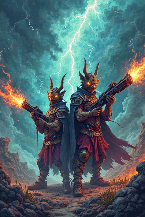 Toon gods of divine storm. With gun and masks 