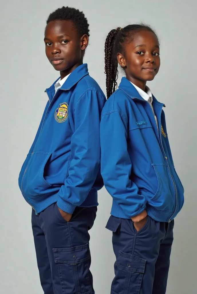 portrait de deux lycéens sénégalais côte-à-côte (garçon et fille) agents du gouvernement scolaire portant chacune un lacoste bleu clair avec l'écusson du gouvernement scolaire, et un long pantalon cargo bleu marine