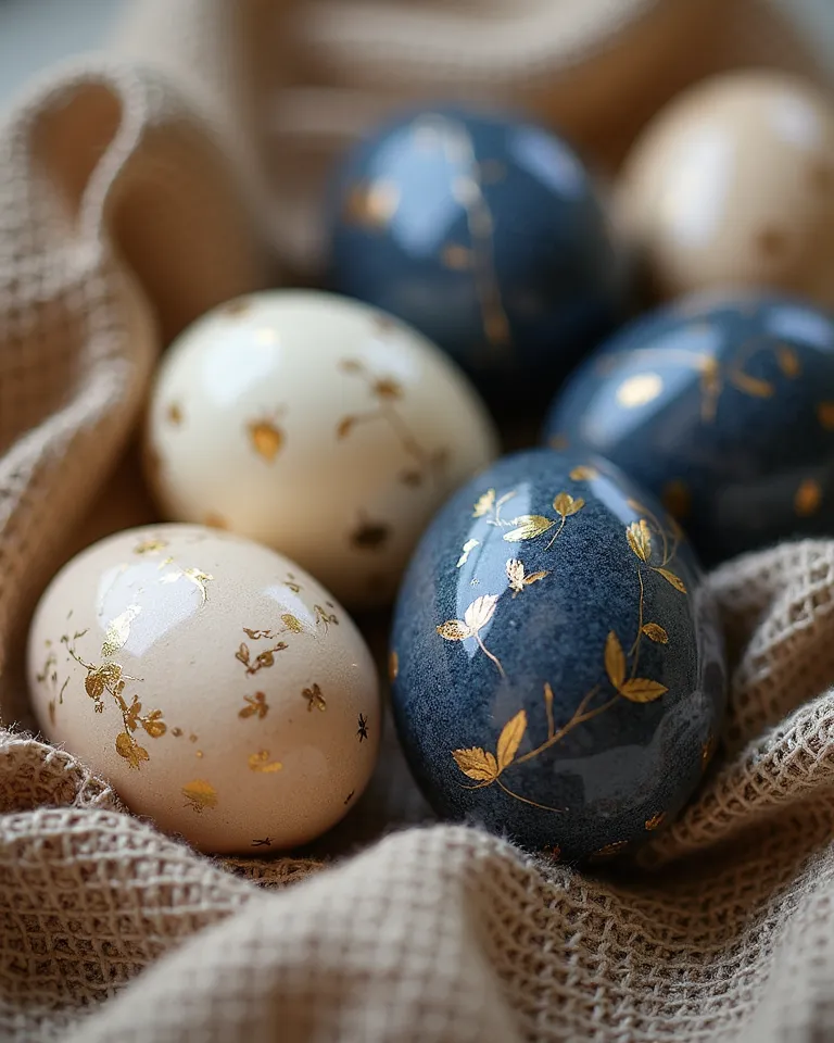 Make an easter border composition from eggs in a victorian style. Glossy eggs with thin curvy ribbons and linen fabric. Use deep dark blue, beige, ivory, brown and gold foil colour. Realistic photographic style, focused and sharpen.