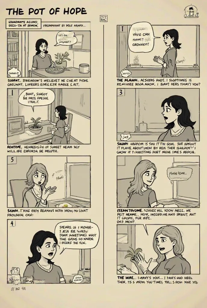 Storyboard for "The Pot of Hope"


---

Scene 1: MARYAM SITTING BY THE WINDOW

Shot 1: Wide shot of MARYAM sitting by the window

Description: MARYAM is sitting at a wooden desk next to a window, staring at a small potted plant on the desk. She looks exhau...