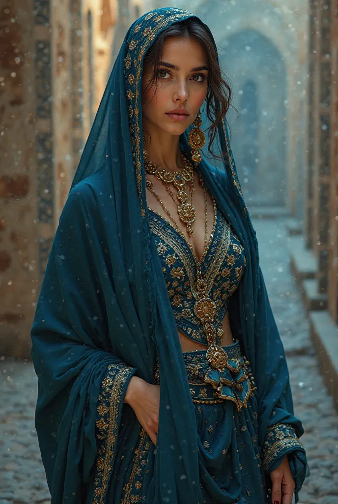 That she appears wearing clothing from the Morroco country,  And let out the full body , And let the clothes come out in black and blue 