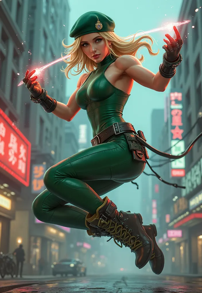 "Cammy White from Street Fighter, a fit and agile British special forces operative, wearing her iconic green leotard with combat boots, fingerless gloves, and a beret. She is in a dynamic fighting pose, mid-air, executing a Spiral Arrow attack with a trail...