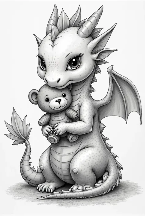 drawing of a dragon with a teddy bear, a pencil sketch inspired by Károly Brocky, reddit, Furry art, lindo pequeño dragón, plush dragon ,  like an anthropomorphic dragon ,  digesting a small dragon ,   hugging her gremlings  , newborn dragon, but  like an ...