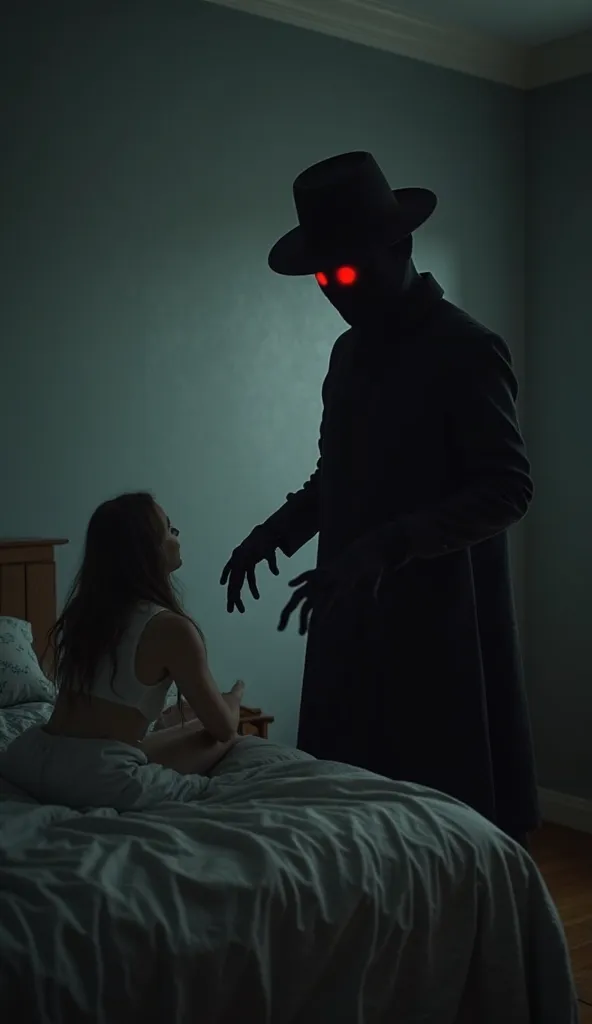 A dark bedroom. In the foreground, a person sits up in bed with terror, panicking. The Hat Man figure approaches slowly - a tall, completely black silhouette wearing a wide-brimmed hat and a black coat extending below the knees. Where his face should be is...