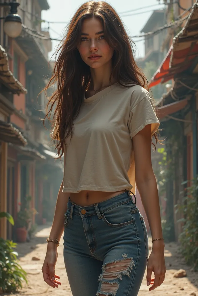 full body animation brunette girl with long hair jeans and a tshirt with a witchy vibe shes  and urban 