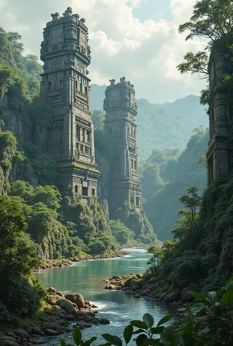 Gigantic stone civilization, Amazon riverbank, unexplored, undiscovered, science fiction, 4K images.