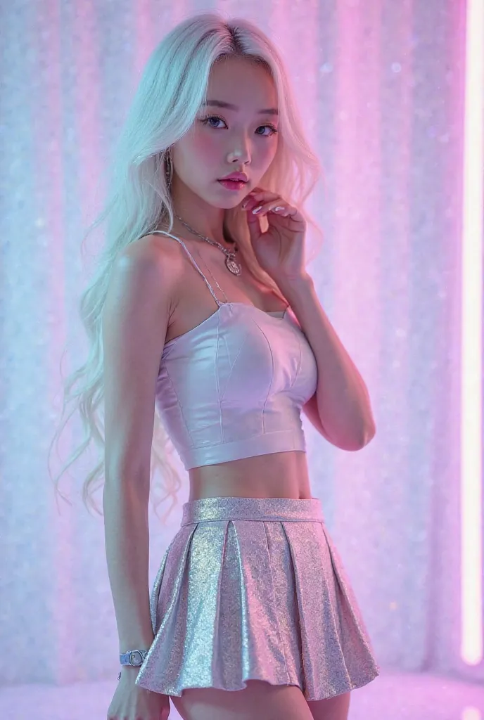 A stunning South Korean female idol with fair, porcelain-like skin and an ethereal aura. Long, wavy platinum blonde hair with subtle pastel pink and blue highlights. Large, expressive eyes with delicate makeup — soft blush, glossy pink lips, and shimmering...