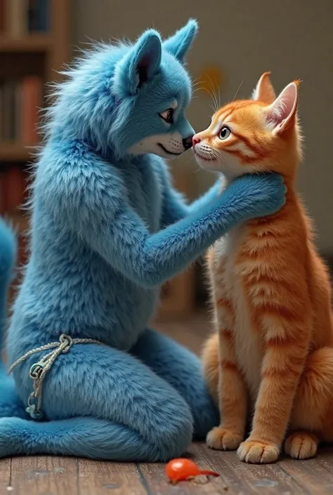 Create a blue furry dog, who is kneeling in underpants with a big dick, which is visible from the size of her underpants, there is a noticeable bulge from the penis. She should kneel, resting on the groin of a red cat's furry, and look him in the eye