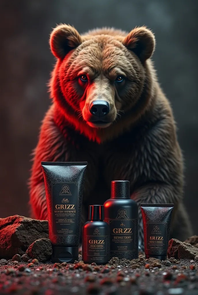 no, generates an image containing samples of male care products and uses the name grizz, Endemic the name after a bear and use a color palette of reds, grays and blacks 