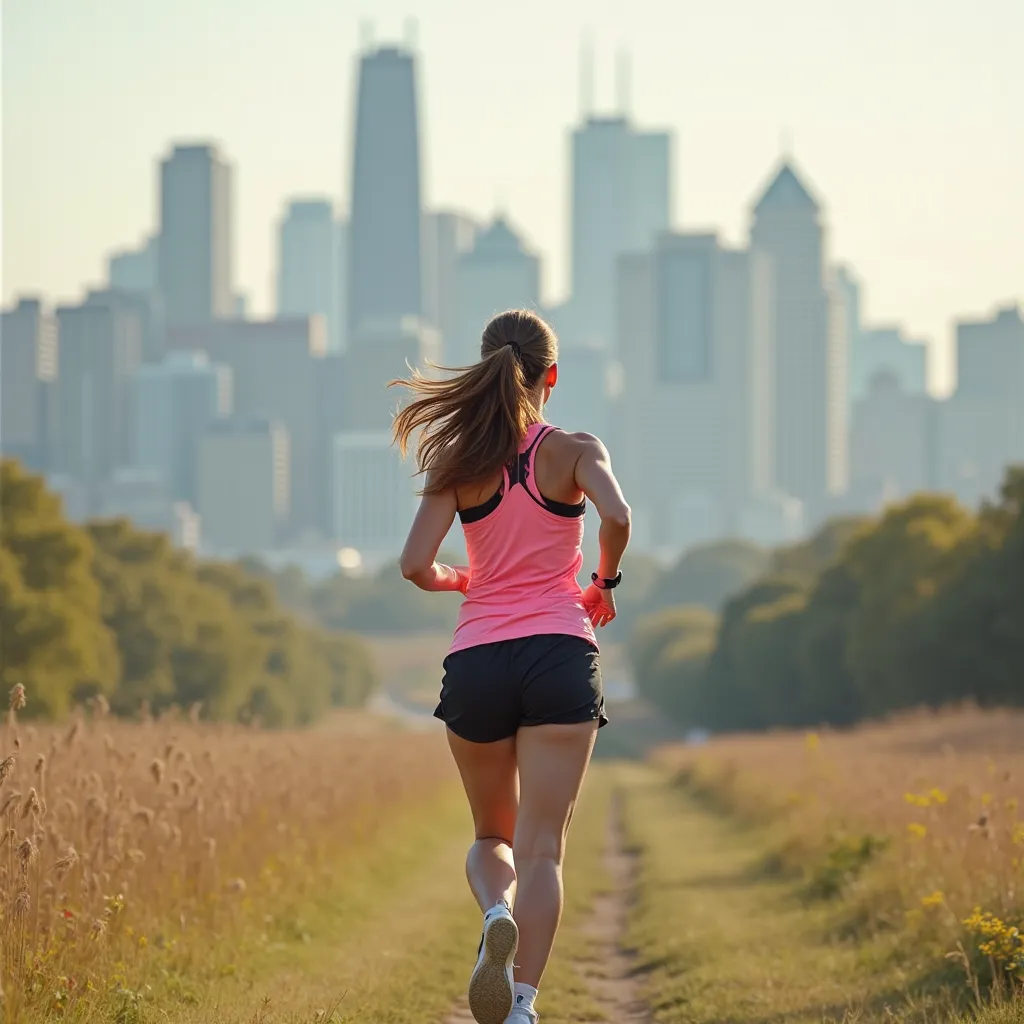 Plan of a distant city that has many huge and modern skyscrapers. Closer is a young woman ( with your back to the camera) who is running to the city in the middle of a field (30-year-old woman, white,  very sweaty, With very thick thighs, marked buttocks ,...