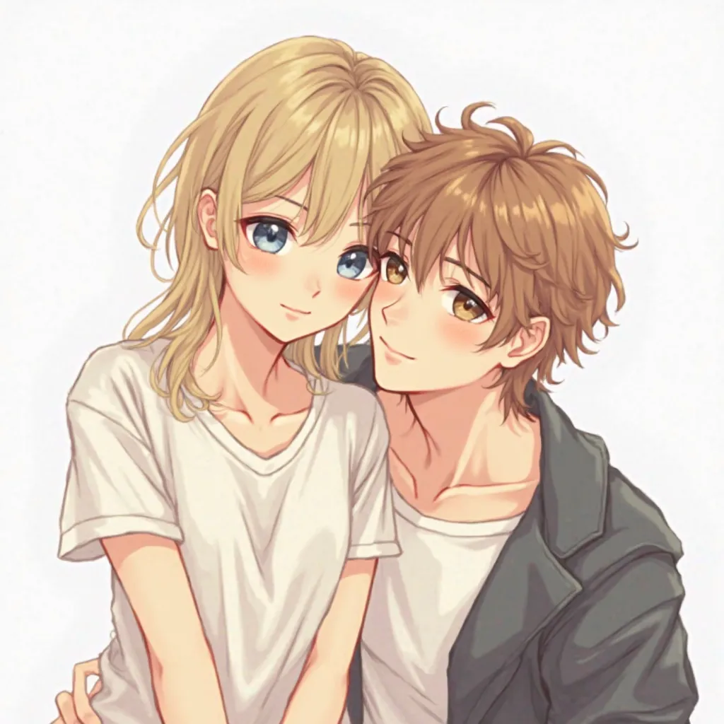 The image shows a digital illustration in anime style of a couple of young friends with delicate and expressive features. The girl has light blond hair, big, short blue eyes .  Your expression is sweet ,  and her hair is loose .

The boy, which is very clo...