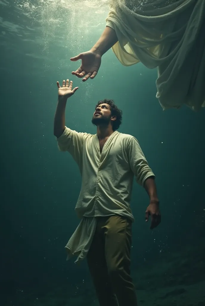 Young man wearing casual clothing that doesn't show as much of his face or body underwater and Jesus coming to give him his hand to save him 