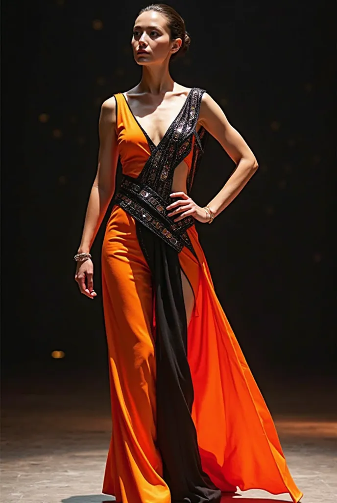 Streef clothing set for the dance performance that combines orange, black and white but prioritizes orange