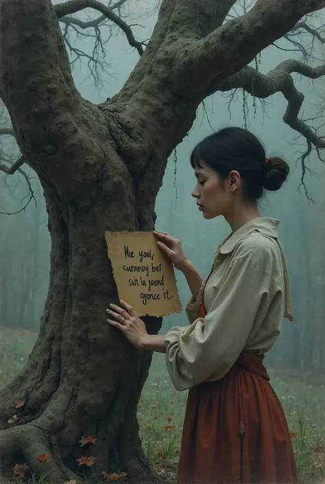 Sad woman placing a sign on a tree of a  who is looking for herself 