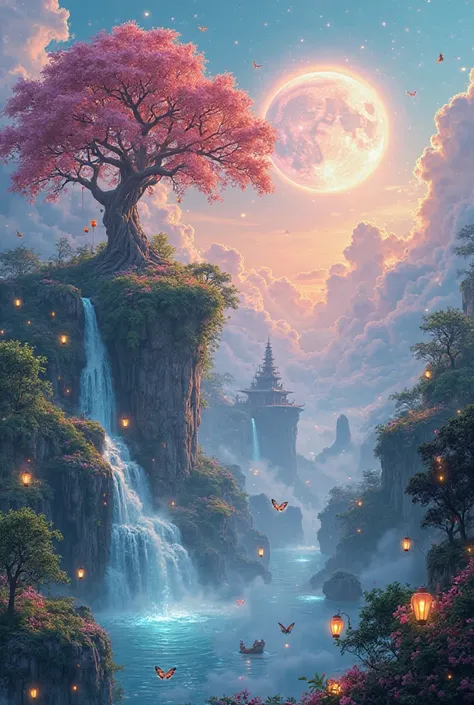 A breathtaking fantasy landscape with floating islands covered in lush greenery and glowing paradise flowers. Majestic ancient trees with vibrant golden and pink leaves rise above the misty clouds, their branches adorned with hanging lanterns. Crystal-clea...