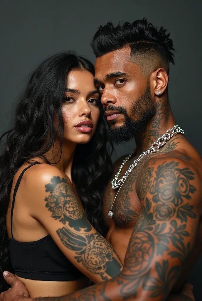 a handsome Puerto Rican Dominican lightskin dude with black buzzer waves,taper fade, line up,goatee beard, muscular, tattoos, diamond Cuban link necklace hugging a Puerto Rican female baddie with tattoos and long black hair with piercing 