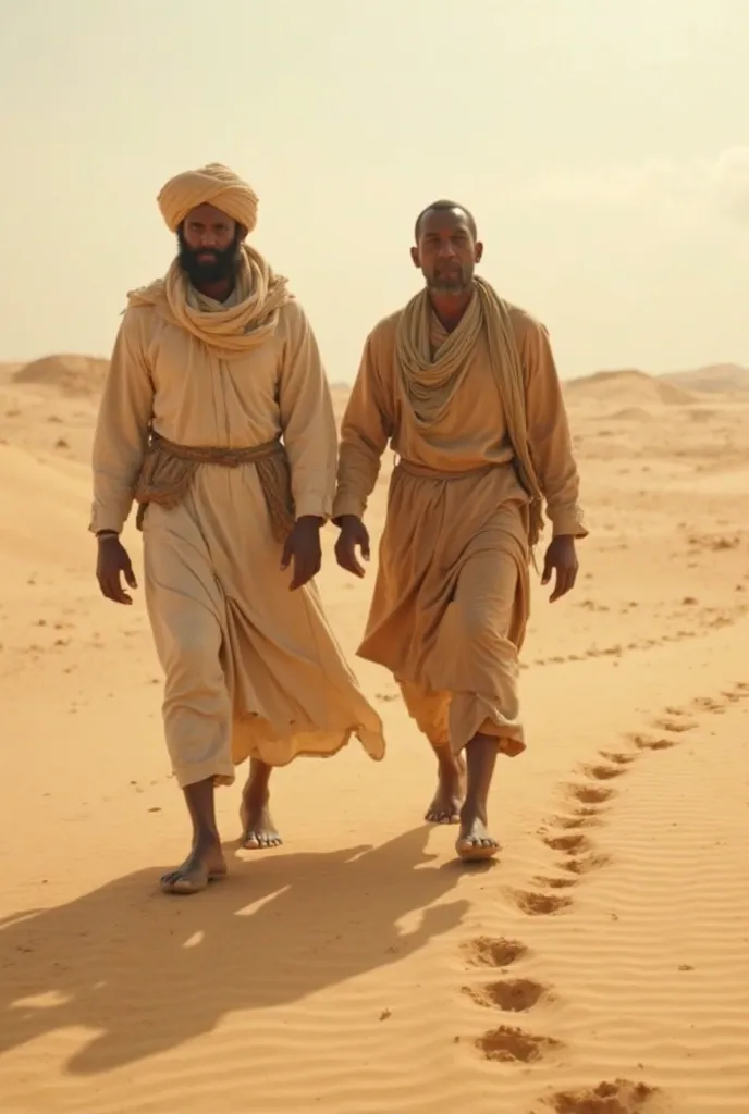 . Two men walk slowly in a vast desert under a hot sun, leaving footprints that are soon erased by the wind. . One of them wears a light sand-colored cloak and a turban that protects him from the sun, while the other tightens his dark skin around his face,...