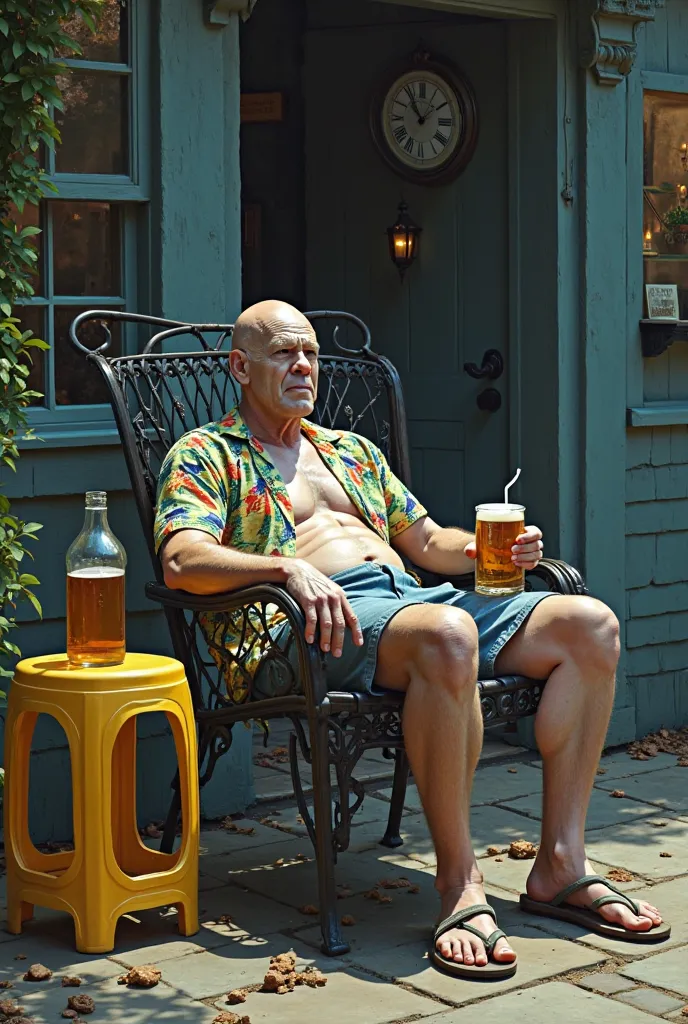 Lord ValdeMorte shirtless and wearing Hawaiian, sitting on an iron chair in the corner in front of his house drinking beer in an American cup, with a liter on a yellow plastic table