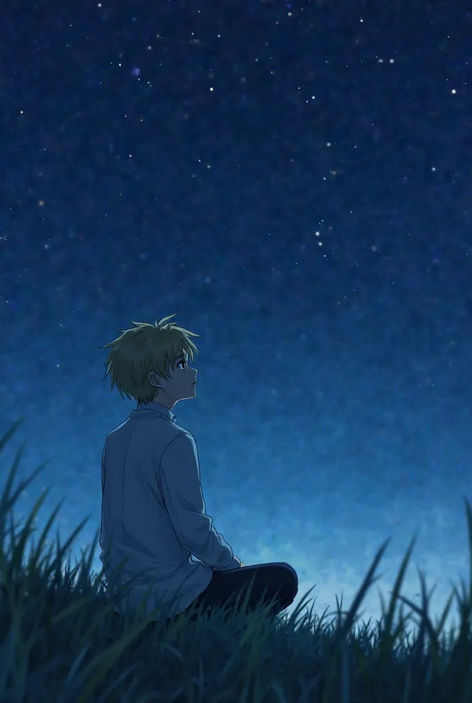 Anime blond guy sitting on the grass and looking at sky at night