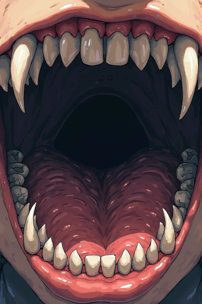 "A stylized anime scene with a unique perspective, showing a close-up view from inside a large mouth. The foreground features exaggerated, slightly jagged teeth forming a frame around the scene. The tongue and gums are visible, adding depth and an organic ...