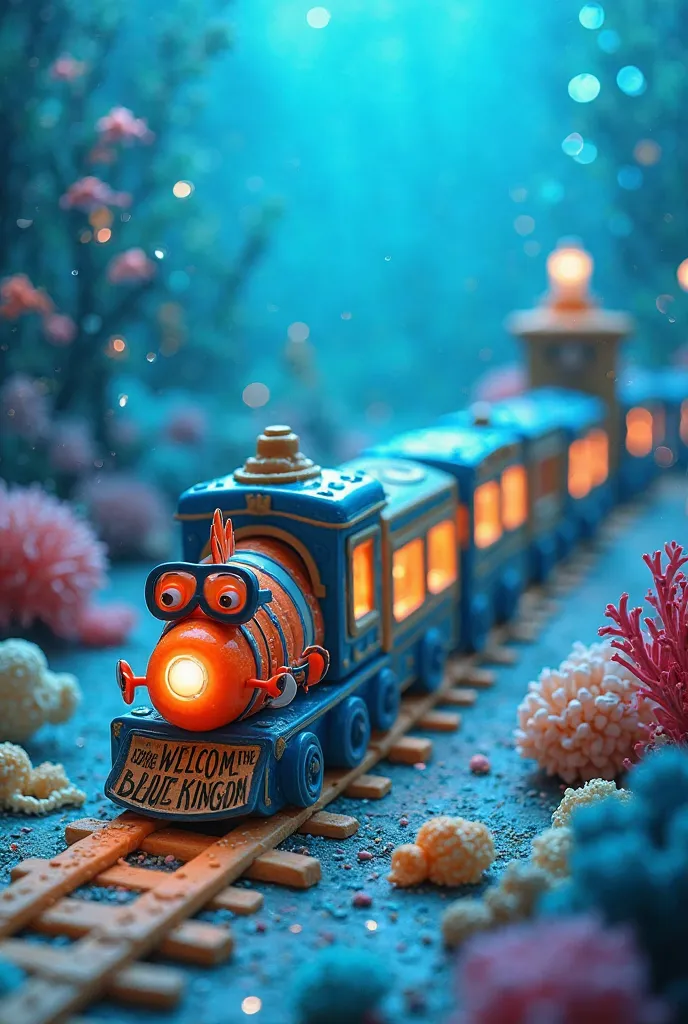 A candy train (wagons made of biscuits, jelly windows) arrive at a turquoise ocean, where clownfish dance on lollipop corals. The protagonist is a clownfish red-nosed, wearing diving goggles and holding a sign written "Welcome to the Blue Kingdom!". In the...