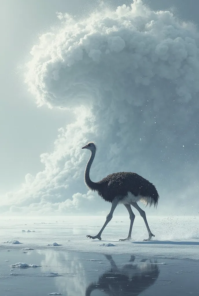 A scene of an ostrich walking on a frozen lake with a snow tornado