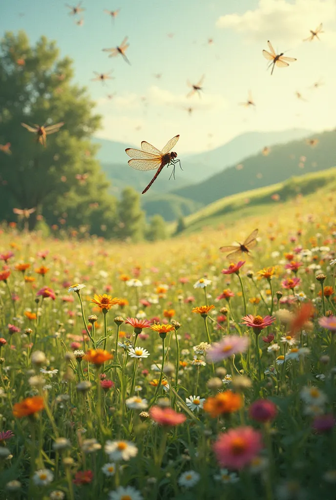 fields,   flowers,  dragonflies 