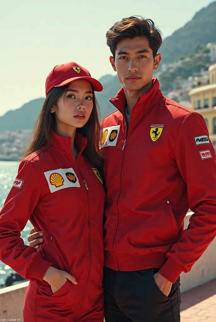 At monaco gp : an aesthetic couple pic with no faces for 19 years old girl with 157cm height and 21years old boy with 180cm height wearing ferrari jackets 