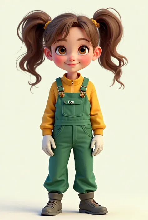 3D graphic style, full-body illustration of a girl with long brown hair in two tails, hazel eyes, wearing green and gold overalls with the name ‘Eco’ on the pocket. The girl is smiling and standing confidently.

Generate 3 versions of the same girl:

Origi...