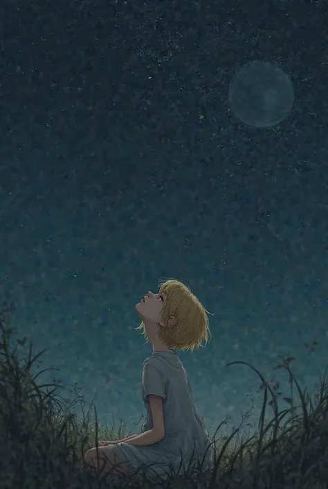 Anime blond gay which is sad and looking at sky at night