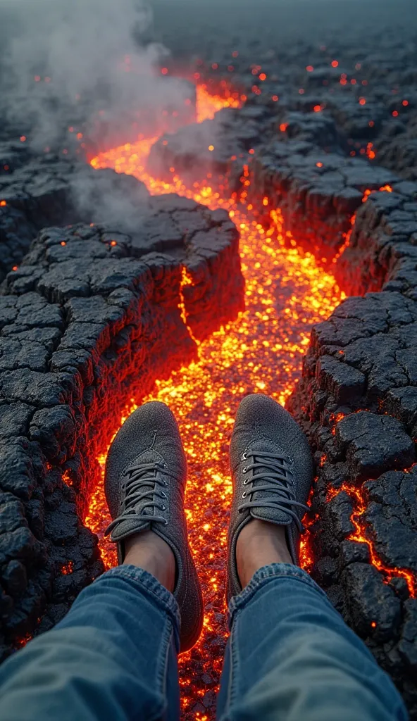 "A first-person perspective looking down at my own feet, which are almost buried in molten volcanic lava. my feet are covered in ash, with small embers glowing around them. The lava is a mix of bright orange, red, and black, with cracks revealing intense h...