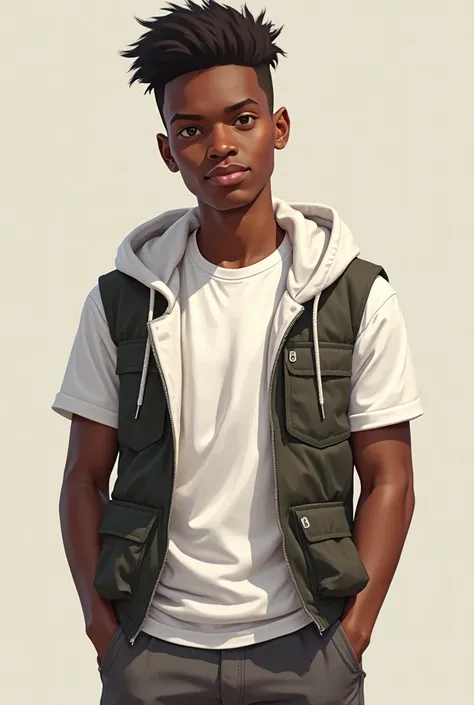 A 16-year-old black man named Isaac Clever with shorts and Jordans and he is wearing a T-shirt and a sleeveless vest with a white hood with normal hair, they are no jewelry.