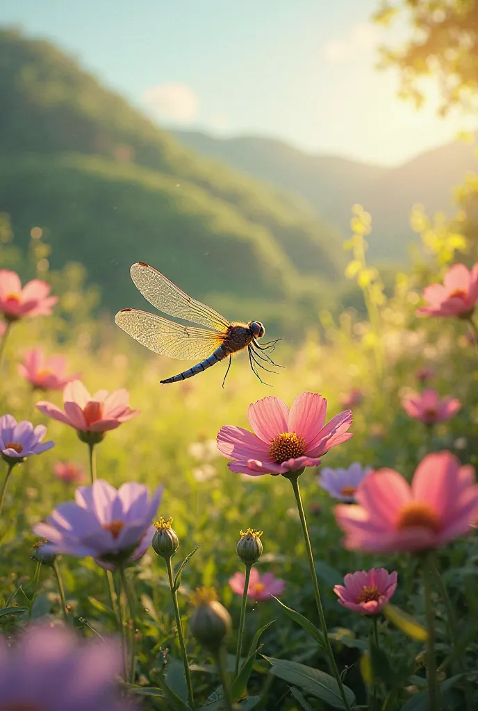 fields,   flowers,  dragonfly 