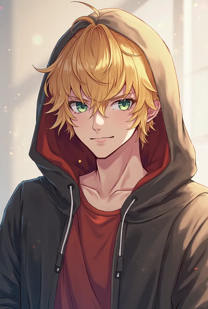 anime, handsome boy, used hood, blonde hair