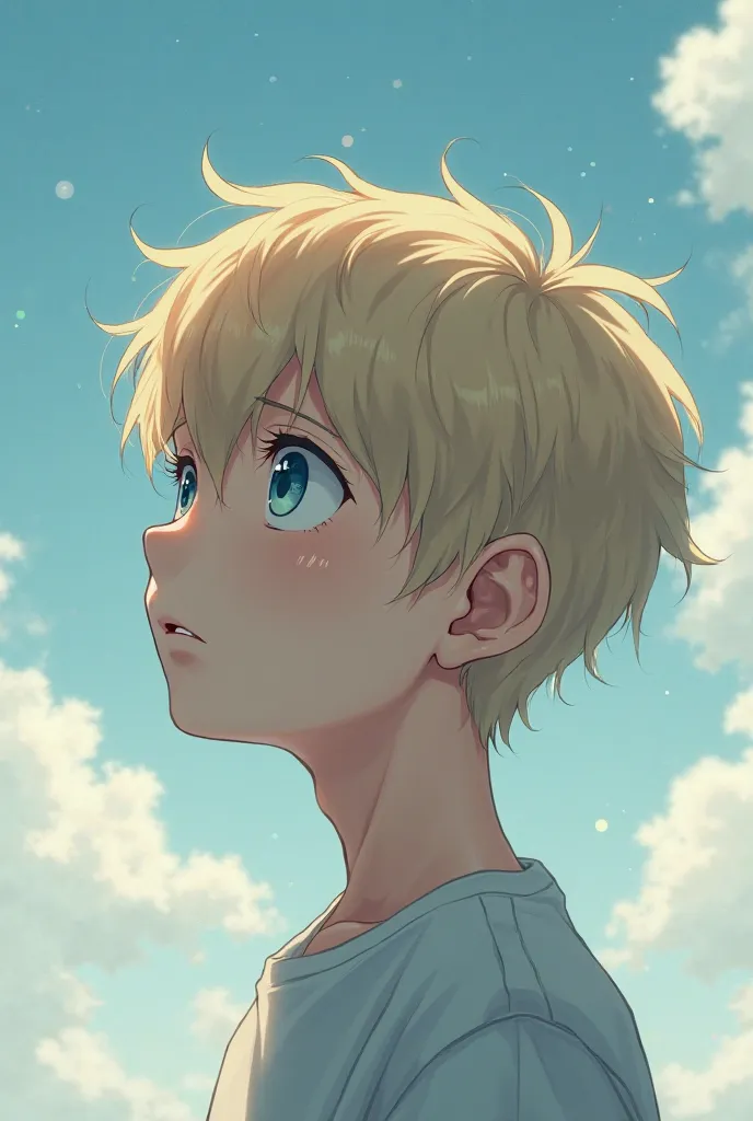 Anime sad blond boy which is looking at sky and overthinking 