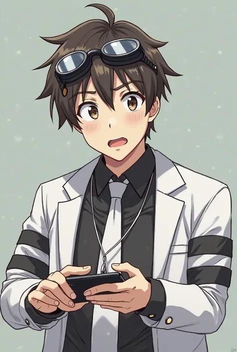 Confused and surprised Shininchi Sakurai wearing a black shirt and white jacket with two black stripes on each sleeve of his hands and black swimming goggles with white visors hanging around his neck and a white tie and with a cheap Chinese toy cell phone ...