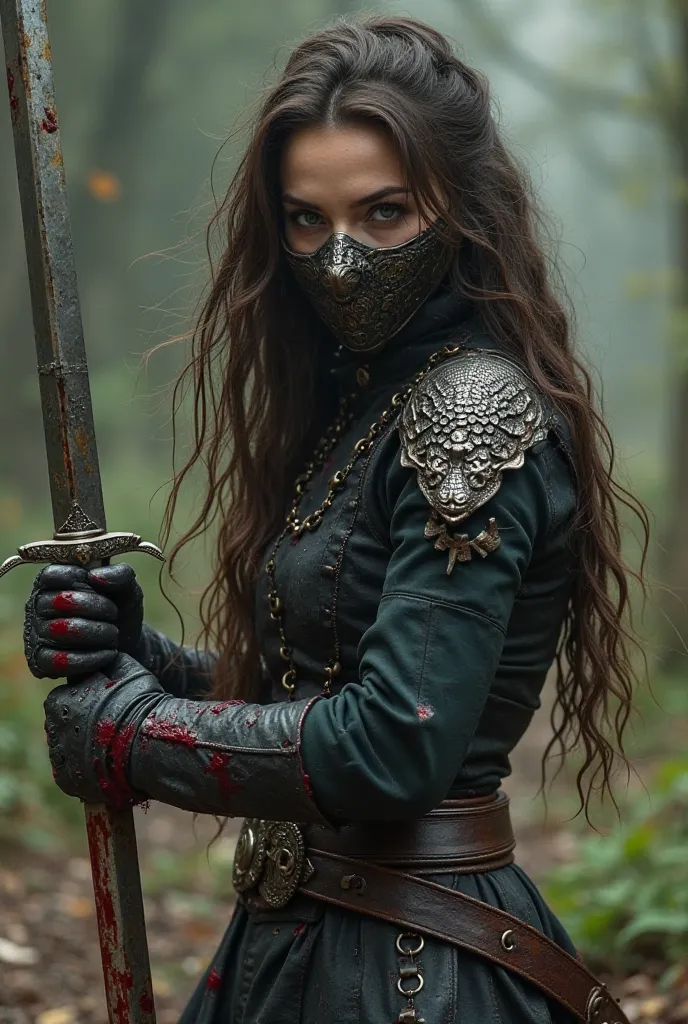 make a picture of a girl fighting with a long pointed dagger with snake hilt, she’s very bloody and her hands are bleeding from the shekels her hands are in, she has a metal mask on her mouth, she’s wearing a black assassin leathers medieval vibe, a vest s...