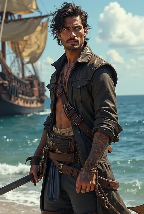 Un homme sexy et sombre, 25 ans, pirate, brun aux yeux bleu, bateau, réel, High Resolution.