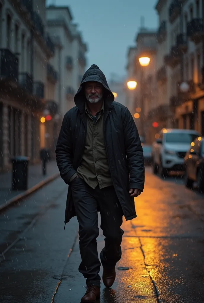 
Un homme seul, debout sous une pluie légère, dans une rue vide au crépuscule. Son regard est fatigué mais déterminé, montrant qu’il a traversé des épreuves. Son ombre est plus grande que lui, symbolisant la force intérieure et le courage. Malgré la solitu...