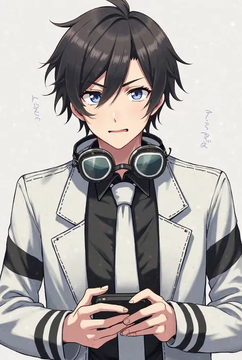 Confused and surprised Shininchi Sakurai wearing a black shirt and white jacket with two black stripes on each sleeve of his hands and black swimming goggles with white visors hanging around the torso of his neck and a white tie and with a cheap Chinese to...