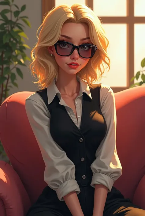 une femme blonde mignonne aux cheveux blonds portant une veste noire, portant des lunettes, assis sur un canapé, laboratoire comme arrière-plan, chef-d'œuvre, mignon 3d dessin animé, Proportion correcte, hyper détaillé, compliqué, détaillé de manière incro...