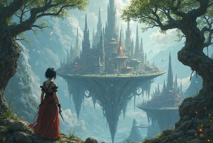 Top of view of A mystical floating elven city suspended in the sky, bathed in a soft magical glow. Towering crystalline structures shimmer with ethereal light, and ancient trees with glowing leaves support grand palaces. Floating islands surround the city,...